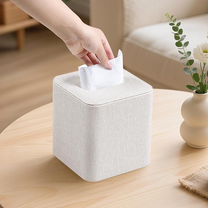 Square Tissue Box Cover PU Leather Tissue Box Holder Cube | Magnetic Closure, Soft Velvet Lining, Decorative Modern Design, For Bathroom