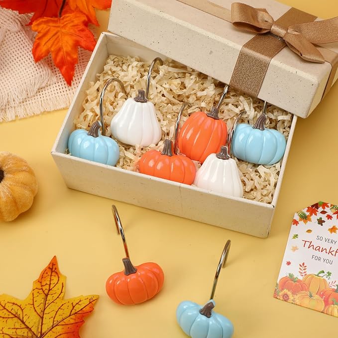 Fall Shower Curtain Hooks 12 Pcs Decorative Autumn Rings | Premium Metal Universal Size, Smooth Gliding Rust Proof, Decorative 12 Pack, Bathroom Thanksgiving Home Decor