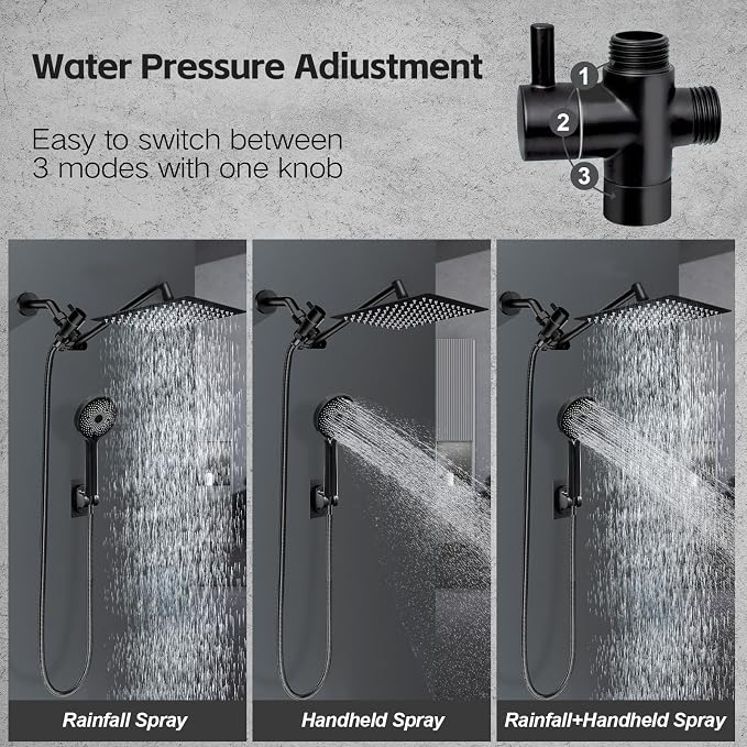 Shower Head,10”Rain Shower Head with Handheld Spray Combo with 11'' Angle Adjustable Extension Arm/Flow Regulator/Shower System,High Pressure Rainfall Shower Head Clean Bathroom,Matt Black