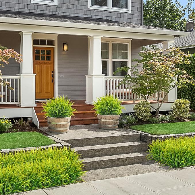 16 Pcs Artificial Plants Outdoor Fake Greenery Stems, Yellow | Faux grass, UV resistant, plastic plants shrubs, autumn Thanksgiving garden pathway window farmhouse front porch home decor