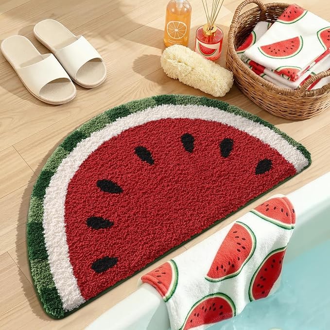 DEXI Cute Watermelon Bath Mat, Half Round Fruit Bathroom Rugs 36x20 | Soft and Absorbent Microfiber, Non Slip, Machine Washable Bathmat for Shower Floor, Bedroom, Kids Room, Home Decor