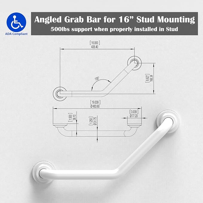 1-1/4 x 16inch Angled Grab Bar for Stud Mount with Knurled Grip, Bathroom Mobility Aid, ADA Compliant Heavy Duty 500lbs Support, Rustproof Stainless Steel (Brushed Nickel)