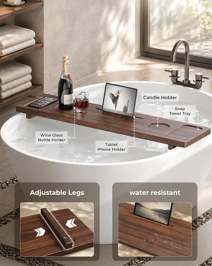 Acacia Wood Bathtub Caddy Tray 34.6" Adjustable Bath Tray for Tub | Bathtub Tray With Non-Slip Grip, Water-Resistant Wood & Stable Expandable Design Keeps Bath Essentials Secure & Within Reach