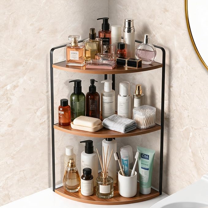3 Tier Corner Bathroom Counter Organizer, Light Brown | Countertop Sink Organizer Rack, Wooden and Metal Counter Shelf, Space Saving Corner Bathroom & Vanity