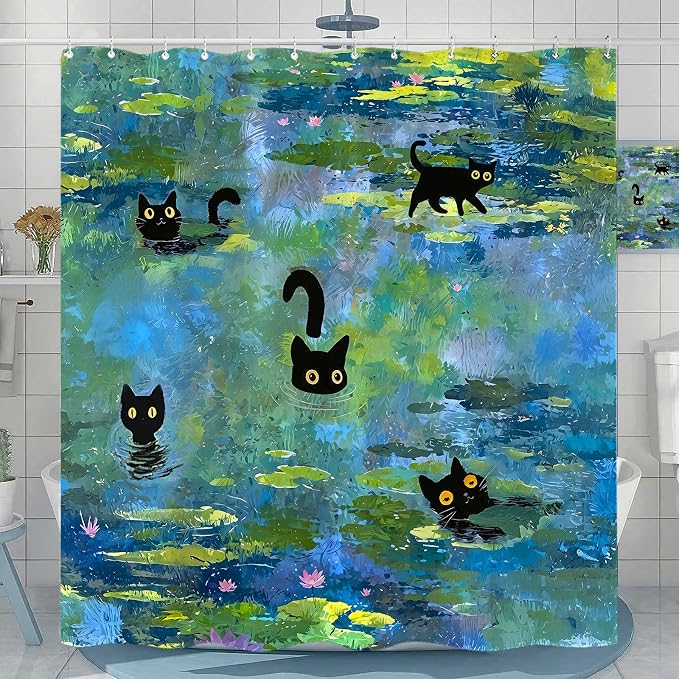 Accnicc Cute Cat Shower Curtain 78 Inch Long Funny Fun Cool Cats Monet Shower Curtains for Bathroom Water Lilies Waterproof Fabric Bath Curtain Decor
