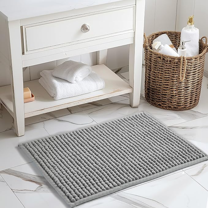 FRESHMINT Thick Chunky Chenille Bathroom Rug, Dove Gray, 17"x24" | Non-Slip Backing, Water Absorbent Surface, Machine Washable Care, Cushioned Comfort, Bathroom Floor Use