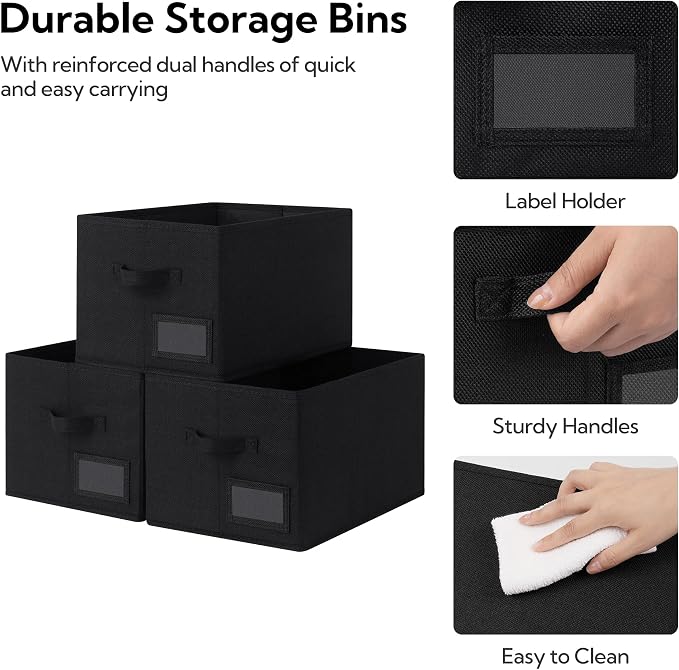 GRANNY SAYS Closet Storage Bins with Label, Black, Large, 3-Pack | Storage for Closet Shelves, Fabric Storage Bins for Clothes, Closet Organization Bins, Collapsible Storage Bins with Handles
