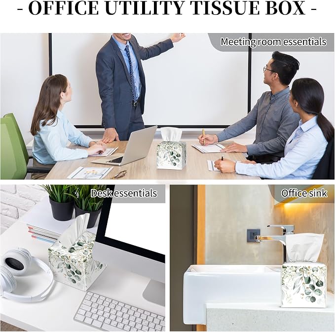 Eucalyptus Leaves and Flowers Tissue Box Cover Square,Watercolor Green Leaves Branches Tissue Box Holder Waterproof Leather Facial Paper Organizer Dispenser for Bathroom Home Car Nightstand Vanity
