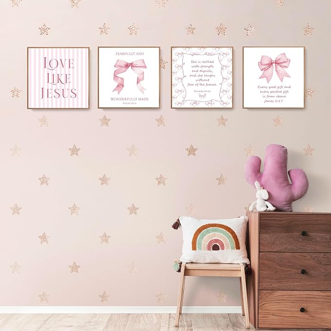 LARTSFRO Coquette Pink Bow Jesus Wall Art Decor Posters, Light Pink Bow Christian Room Bedroom Bathroom Dorm Wall Art Decor Aesthetic for Teen Girls College Gifts, Inspirational Bible Verses Bow Wall Decor, 10x10 Inch Set of 4 Bow Pictures (UNFRAMED)