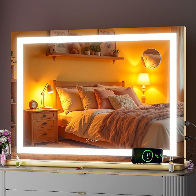 Vanity Mirror with Lights, 32" x 22" LED Makeup Mirror with 10X Magnification, Dimmable 3 Modes, Memory Function, Smart Touch, USB Charging Port, Lighted Makeup Mirror Square Glod
