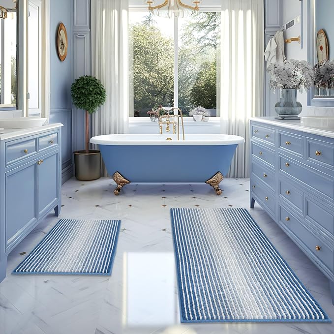 Bathroom Rugs and Mats Sets, 2 Piece Thick Absorbent Chenille Bath Mat Rug Set Non Slip, Soft Shaggy Bath Room Floor Mats for Bathroom, Machine Washable (Sky Blue, 20" x 60" Plus 20" x 32")