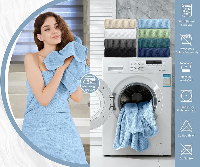 8 Piece Bathroom Towel Set Blue |2 Oversized Large Bath Towels Sheet,2 Hand Towels and 4 Washcloths| 600GSM Ultra Soft Luxury Premium Towel Set Highly Absorbent Quick Dry Hotel Towel Collection