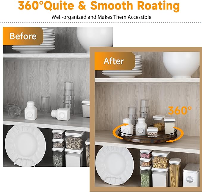 AMH 13-Inch Farmhouse Oak Lazy Susan Organizer, Walnut Finish | Smooth rotating oak tray with walnut finish for dining tables, kitchen counters, pantries and cabinet storage.