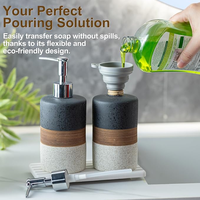 Ceramic Dish Soap Dispensers Set of 2 for Kitchen and Bathroom | Hand Soap and Lotion Dispenser Set, Shampoo and Conditioner Bottles | with Stainless Steel Pump, Silicone Funnel, Tray, Black