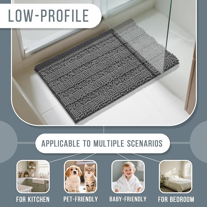 Yimobra Bathroom Rug Mat 44 x 24, Non Slip and Super Absorbent Bath Mat,Machine Washable Quick Dry,Ultra Plush Chenille Shower Rugs for Bathroom Floor Sink Tub and Shower Outside,Dark Gray