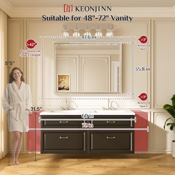 Keonjinn 48" x 36" Gold Bathroom Vanity Mirror, Safe HD Tempered Glass | Beveled Edge, Aluminum Alloy Framed, Secure French Cleat Installation, Modern Rectangle Wall-Mounted Mirror for Over Sink
