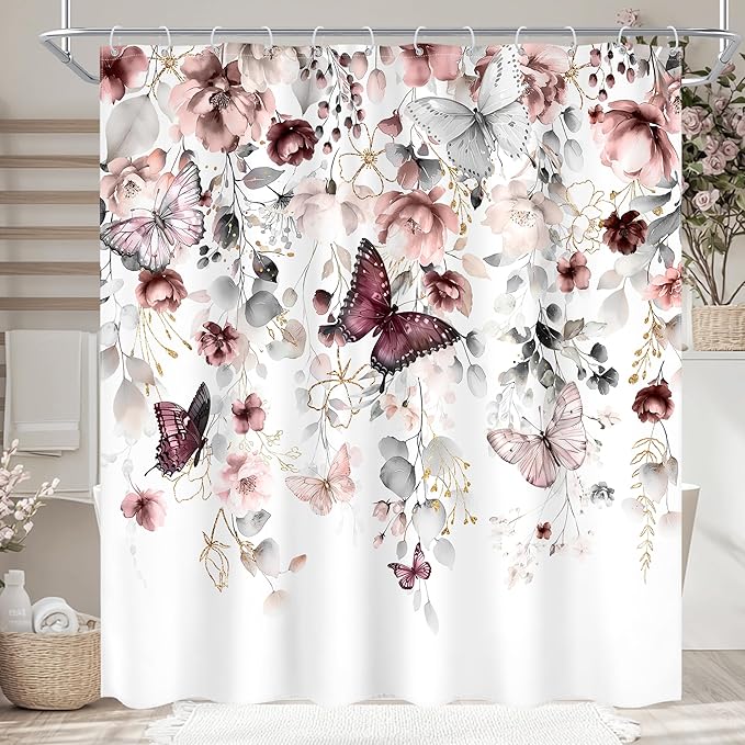 Grey Pink Floral Butterfly Spring Summer Bathroom Shower Curtain Set | 72"W x 72"L Plant Natural design with waterproof HD artwork, quick-dry fabric and hooks for easy hanging.