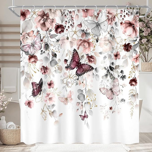 Grey Pink Floral Butterfly Spring Summer Bathroom Shower Curtain Set | 72"W x 72"L Plant Natural design with waterproof HD artwork, quick-dry fabric and hooks for easy hanging.