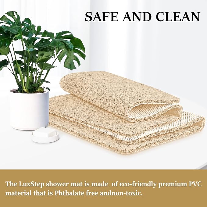 LuxStep Shower Mat Bathtub Mat Non-Slip Bath Mat with Drain, Quick Drying | 47x16 inch PVC Loofah Bathmat for Tub,Shower,Bathroom,Khaki