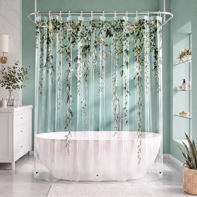 Clear Shower Curtain Liner, Botanical Plant Leaf PEVA, 72x72 Inch | Sage Green Waterproof Bath Plastic Shower Curtains Set with 3 Weighted Magnets and 12 Hooks for Bathroom Decor
