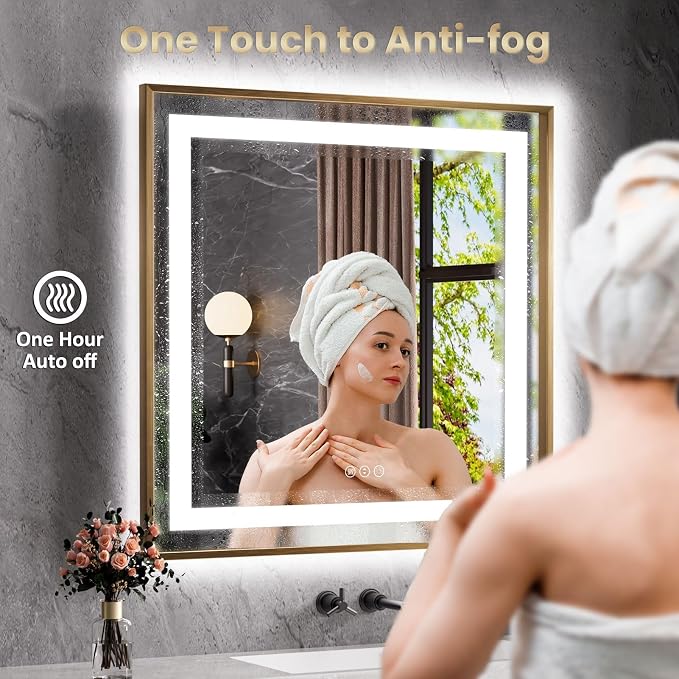 60"X36" LED Bathroom Mirror with Front Lit and Backlit(Brushed Gold) | Metal Framed Mirror, Stepless Dimmable, Anti-Fog, HD Reflection, Shatter-Proof, Memory, 3 Colors, Double LED Vanity Mirror.