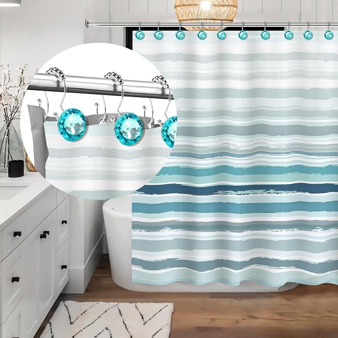 Sunlit Luxury Design Round Teal Blue Diamond Crystal Gem Bling with Glide Balls Double Shower Curtain Hooks for Mermaid Shower Curtains, Rust Proof Metal Rhinestones Glam Shower Curtain Rings-12 Pack