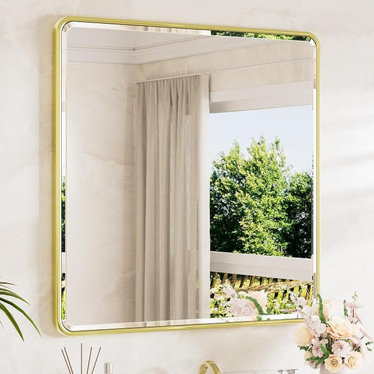 Brushed Gold Vanity Mirror for Bathroom 36 x 36 Beveled Edge Tempered Glass, Rounded Corner Rectangle Wall Mirror for Modern Bathroom, Living Room, Bedroom, Entryway