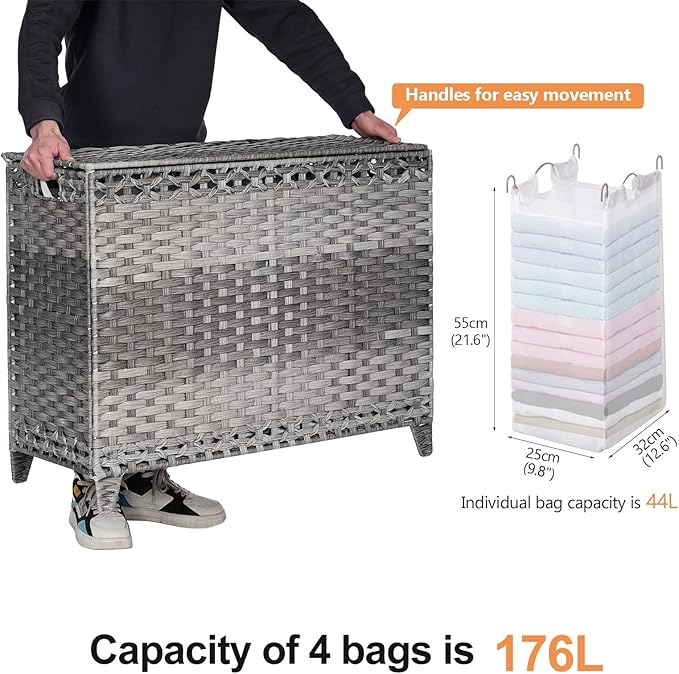 Laundry Hamper with 4 Removable Liner Bags, 176L Laundry Sorter with Lid | Raised Feet; Side Carry Handles; Handwoven PP Rattan; Rust-Resistant Iron Frame; Decorative Woven Design