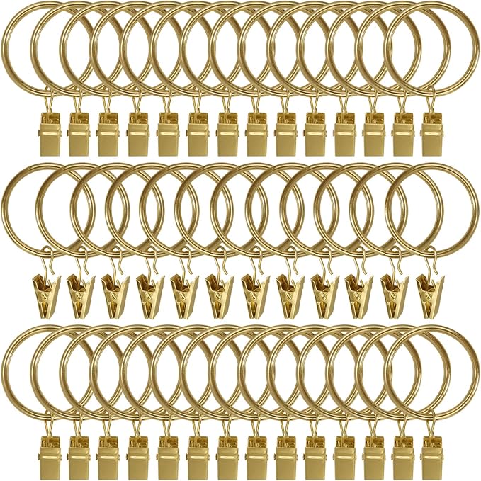 40 Pack Metal Curtain Rings with Clips, Drapery Clips Hooks, Decorative Curtain Rod Clips 1.5 in Interior Diameter, Gold