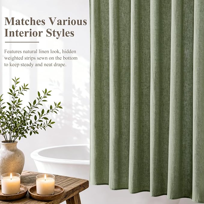 Jowels Sage Green Linen Fabric Shower Curtains for Bathroom, 72x72 | Green Linen Shower Curtains Set, Waterproof Washable Weighted Textile, Metal Hooks, Hotel Boho Farmhouse Bathroom Decor