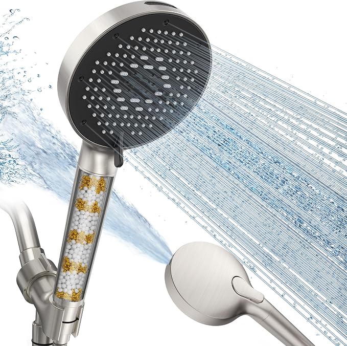 SR SUN RISE NSF Certified Filtered Shower Head with Handheld for Hard Water to Remove Chlorine High Pressure 9-Spray Setting (with Power Wash) Anti-Clog Nozzles(1Filter, Brushed Nickel)