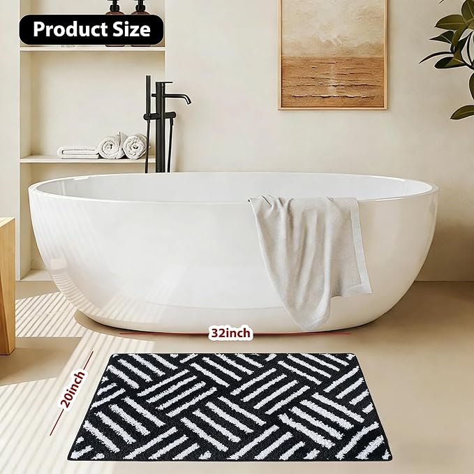 ORTIGIA Striped Black Bathroom Rugs Non Slip Washable, 20x30 Quick Dry Absorbent Soft Plush Microfiber Bath Mats, Bath Rugs for Bathroom Floor Carpet for Sink Bedroom