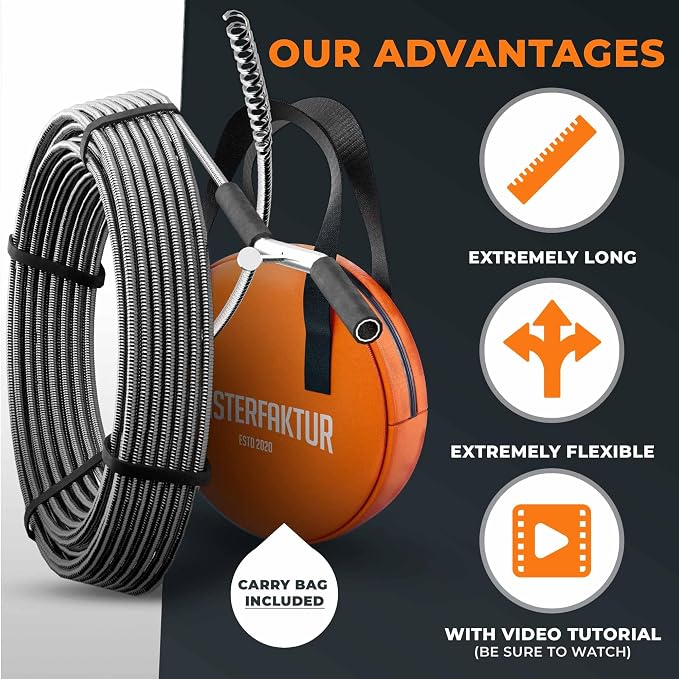 Meisterfaktur drain snake 3.0 [50 FT] - extremely long - Ideal plumbing snake for heavy & deep blockages - The drain auger for real do-it-yourselfers! (50 FT - 3/8 inch)