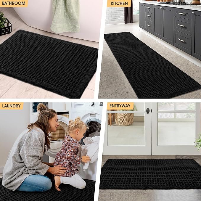 Waffle Bath Mat Black 32"x20", Boho Woven Modern Bath Mat Rugs, Absorbent Non Slip Bathroom Rugs, Soft Washable Bath Rugs with Tassels for Bathroom, Bedroom, Kitchen, Shower, Tub
