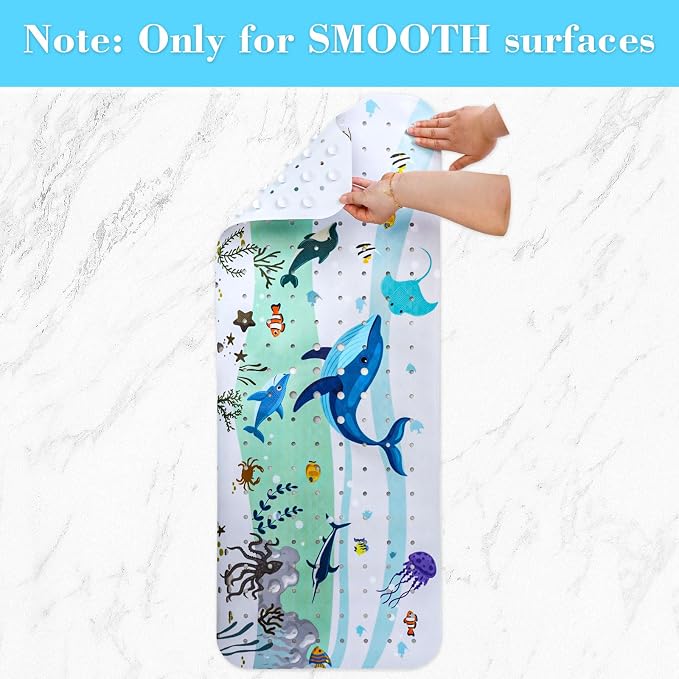 Secopad Bathtub Mat Non Slip, Cute Tub Mat, 40" x 16", Blue Dolphine | Rectangular, Anti-Slip, Machine Washable, with Drain Holes and Suction Cups,For Bathtub and Shower Floor, for Toddler & Kids