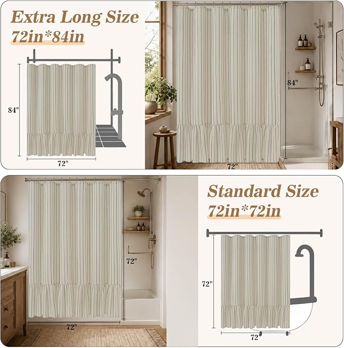 Yinhua Farmhouse Shower Curtain with Ruffle, Green Striped Linen Shower Curtains Set with Hooks for Bathroom, Country Vintage Long Bath Curtain Waterproof Weighted Washable Fabric, 72" W x 84" L