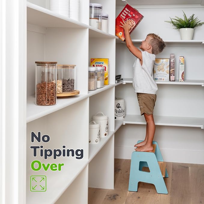 2-Step Wooden Toddler Step Stool for Bathroom Sink & Kitchen Use - Blue | Non-slip steps and padded feet for extra stability. Lightweight to carry, safely supports ages 2+ and adults up to 250 lbs.