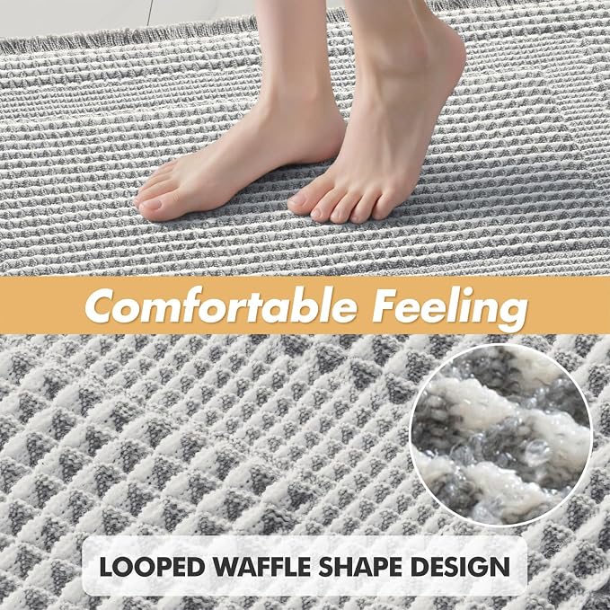 MIULEE Set of 2 Waffle Bathroom Rugs Lightgrey & Cream Boho Bath Mat 17x24 | Looped Design, Super Absorbent, Non Slip, Washable, Ultra Soft, Rubber Backed, Bathroom Mats for Floor Tub Shower