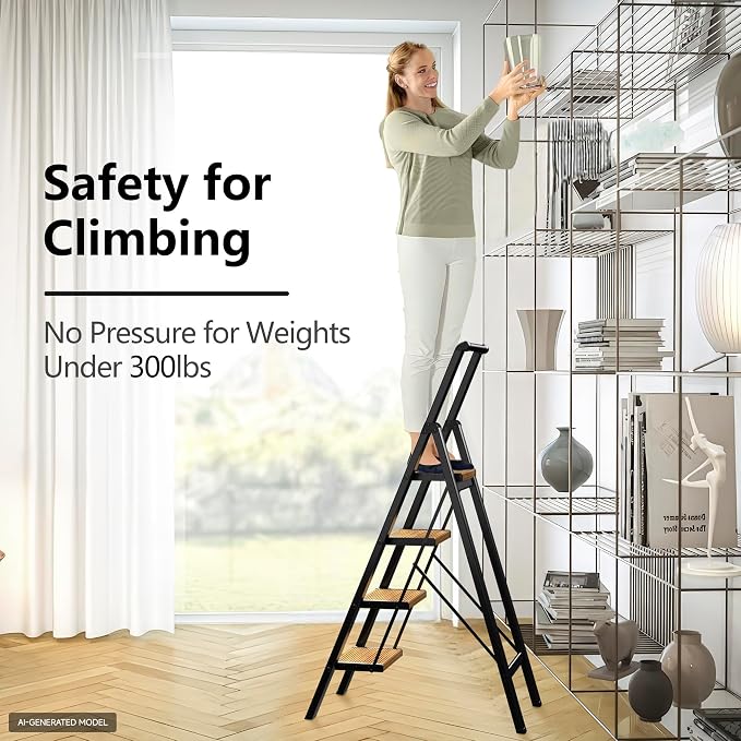 4 Step Ladder, Lightweight Folding Step Stool, Black+Woodgrain | Reach 8ft;Anti-Slip 7.9'' Wide Pedal;Portable Handrail;Space-Saving;For Kitchen, Home, Library, Office Use;300lbs Capacity