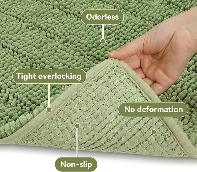 Bcoimo Small Bath Rug Mat,Sage Chenille High Absorbent Bathroom Floor Mats | Non Slip with Rubber Backing 24x17 Bathroom Rug; Machine Washable;Extra Soft Bath Rug;High Absorbent、Quick Dry Microfiber mat