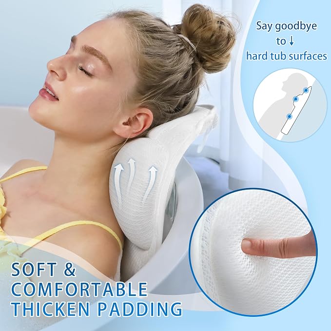 Poemland Bath Pillow for Tub, 4D Mesh with Ergonomic Head and Neck Support | Bathtub Pillow for Soaking tub with 6 suctions Cups,, for Relaxing Spa, White