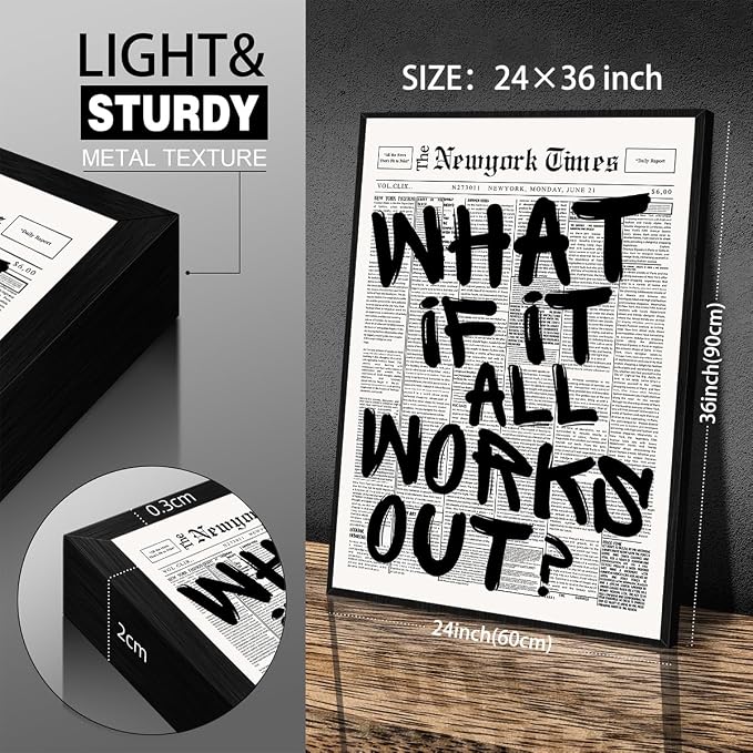 What If It All Works Out Wall Art Black And White Minimalist Newspaper Poster 24X36 inch Black Framed Positive Affirmations Quote Canvas Prints for Living Room Bedroom Wall Decor