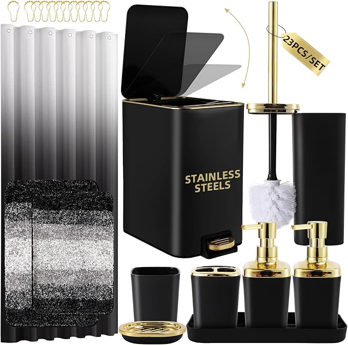 Bathroom Sets with Shower Curtain and Rugs Bathroom Accessories Set Black Bathroom Set,Soap Dispenser & Toilet Brush Holder Set with Stainless Steel Trash Can(23 PCS)
