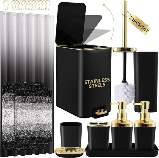 Bathroom Sets with Shower Curtain and Rugs Bathroom Accessories Set Black Bathroom Set,Soap Dispenser & Toilet Brush Holder Set with Stainless Steel Trash Can(23 PCS)