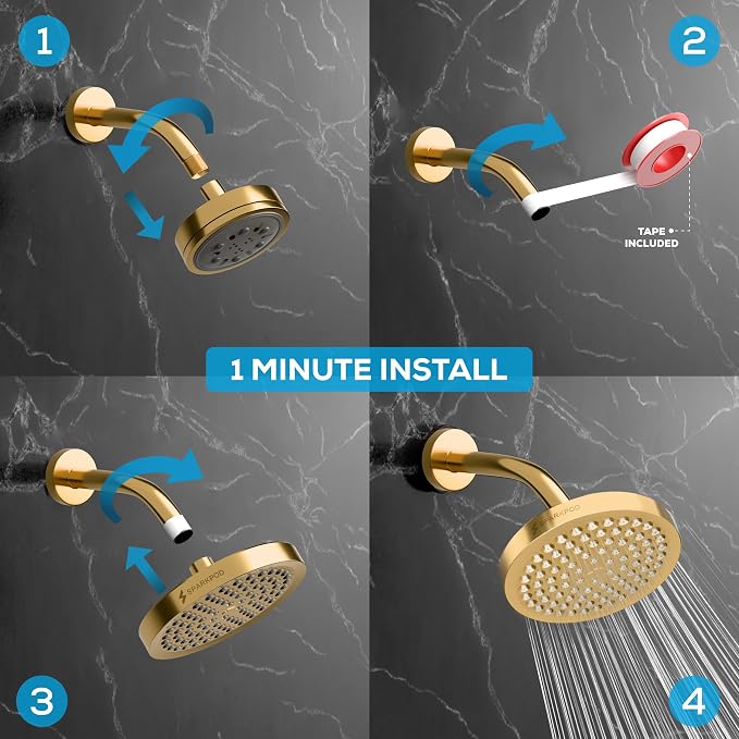 SparkPod Rain Shower Head, 6 Inch Round, Egyptian Gold Finish | High Pressure Shower Heads, 90 Nozzles, Adjustable Showerhead, No Tools Needed, Universal Connection