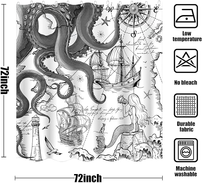 Fungarth Black Gray Nautical Octopus Shower Curtain Grey Mermaid Funny Ocean Kraken Shower Curtains for Bathroom Cool Anchor Coastal Map Waterproof Fabric Bath Curtain with Hooks (Gray, 72” x 72”)