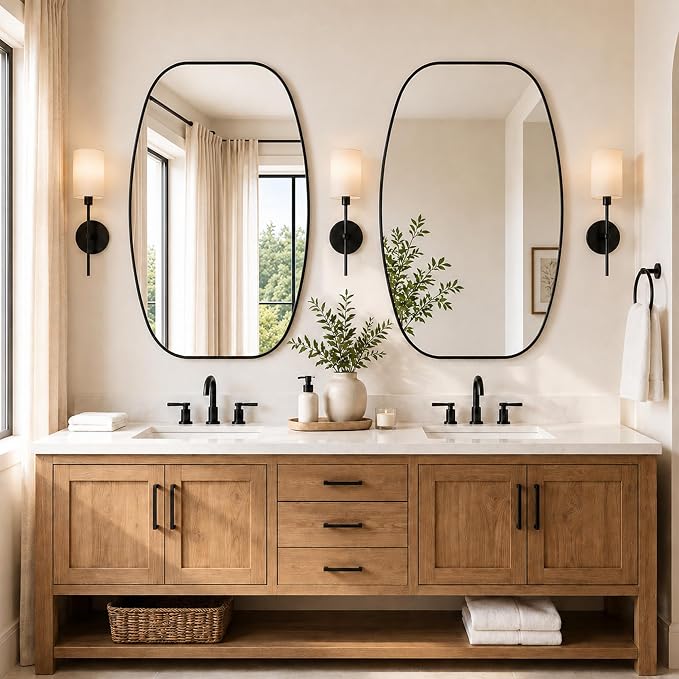 Matte Black Capsule Bathroom Mirror, 24x36 Inch | Aluminum alloy frame, pill-shaped design, tempered glass, two-way mount for dresser and console
