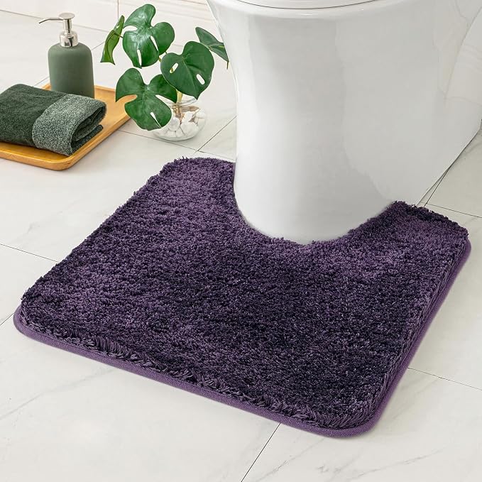 MIULEE Dark Purple Microfiber Toilet Bath Rug U-Shaped Contour 24x24 Inch | Absorbent, Non Slip, Quick Dry, Fluffy Bath Rugs for Bathroom Floor Tub Showers, Machine Washable