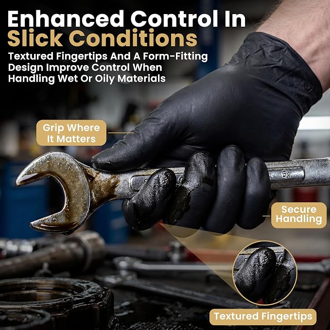 FifthPulse 6 Mil Black Nitrile Gloves, Heavy Duty Mechanic and Food Grade Glove - Powder-Free, Latex-Free Medical Exam Gloves