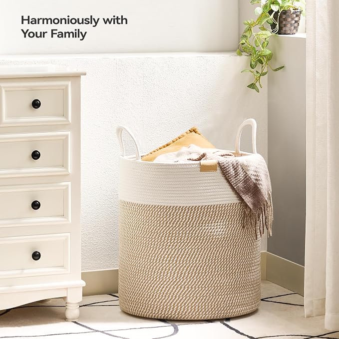 Nunsino 80L Laundry Hamper Basket,Baby Nursery Woven Storage Basket for Toys Bin,Pillows,Blankets,Clothes,Brown&White